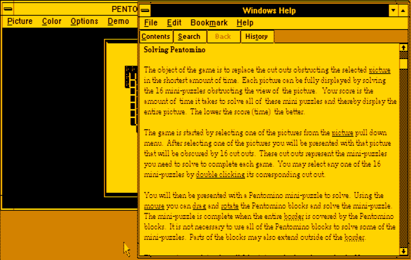 Pentomino Windows 3.x Screenshot: Game instructions.