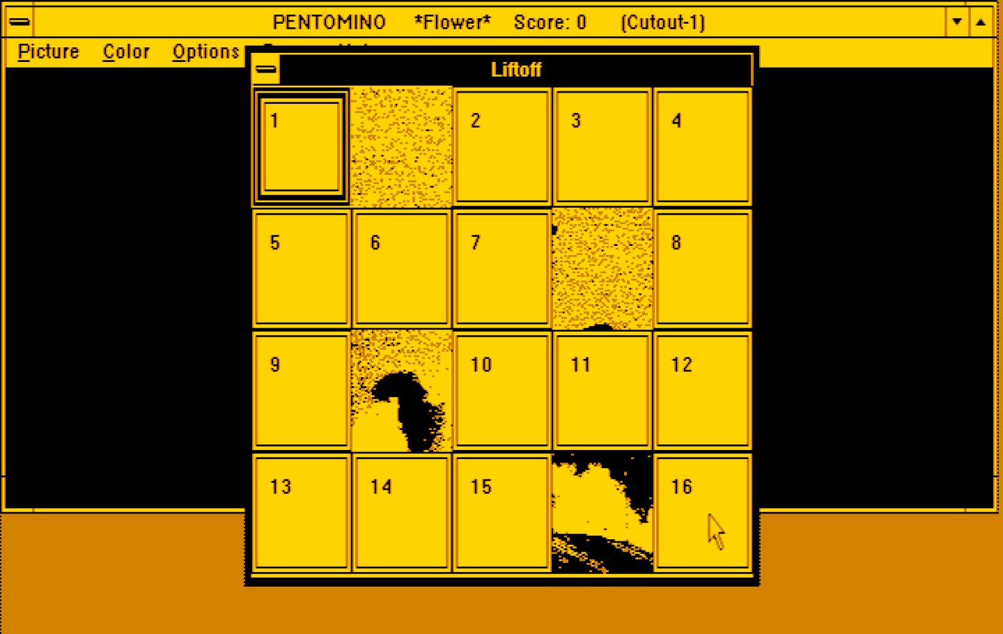 Pentomino Windows 3.x Screenshot: Select a puzzle to reveal part of the picture.