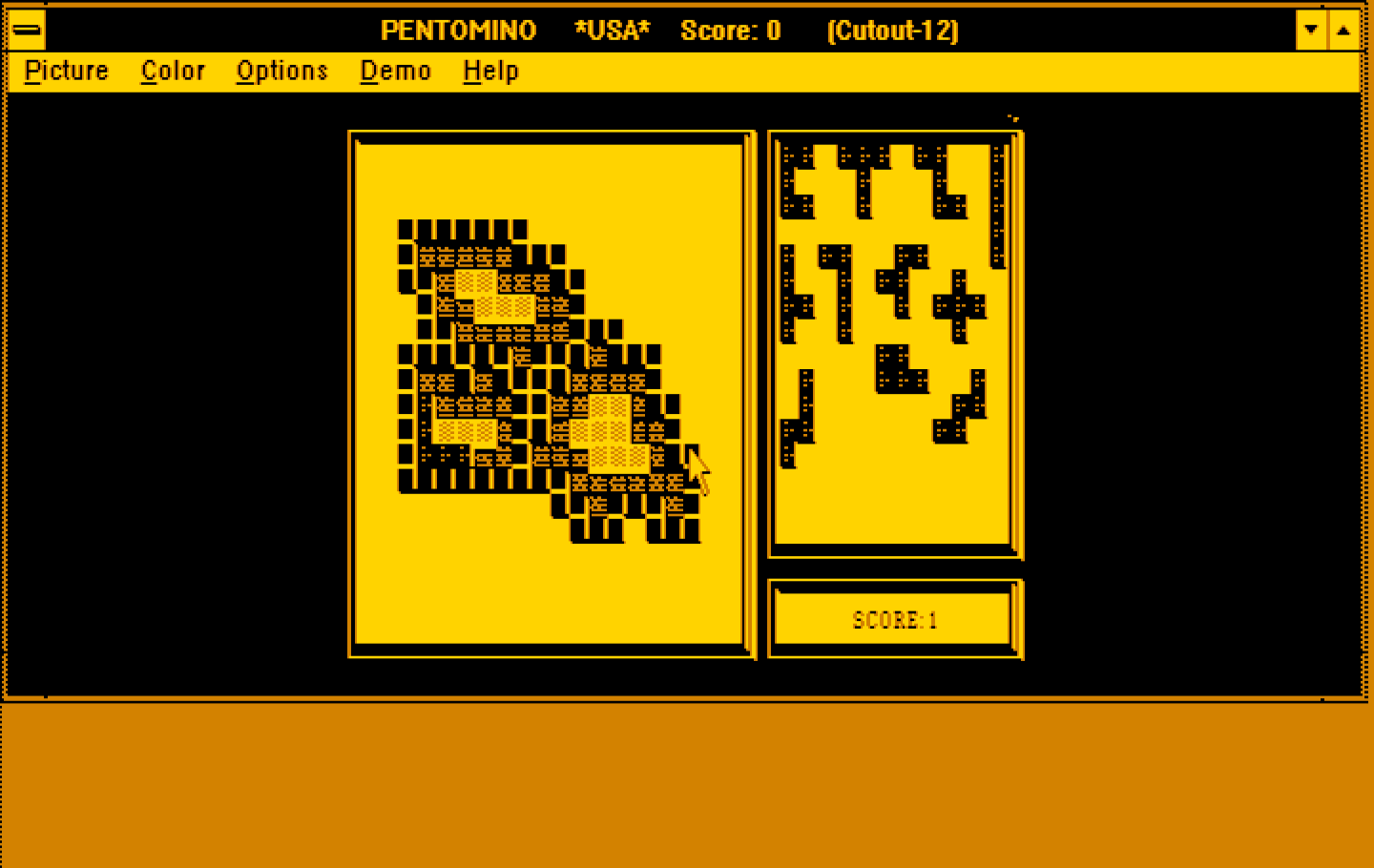 Pentomino Windows 3.x Screenshot: Numerous puzzles are included with different layouts and difficulties.