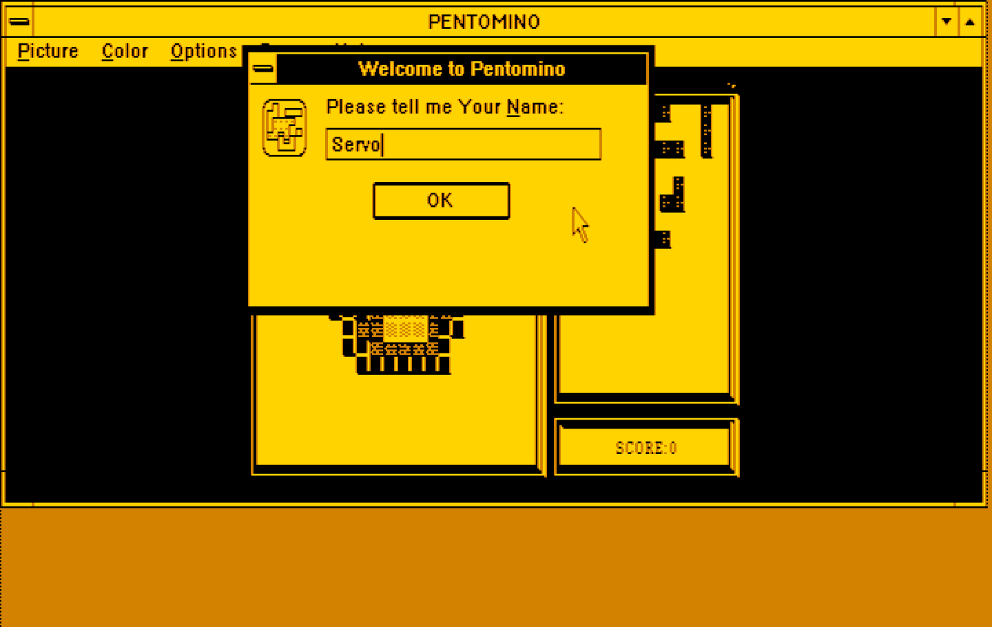 Pentomino Windows 3.x Screenshot: First, please tell me your name.