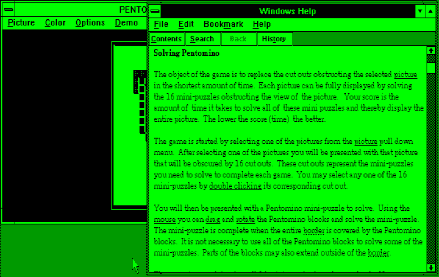 Pentomino Windows 3.x Screenshot: Game instructions.