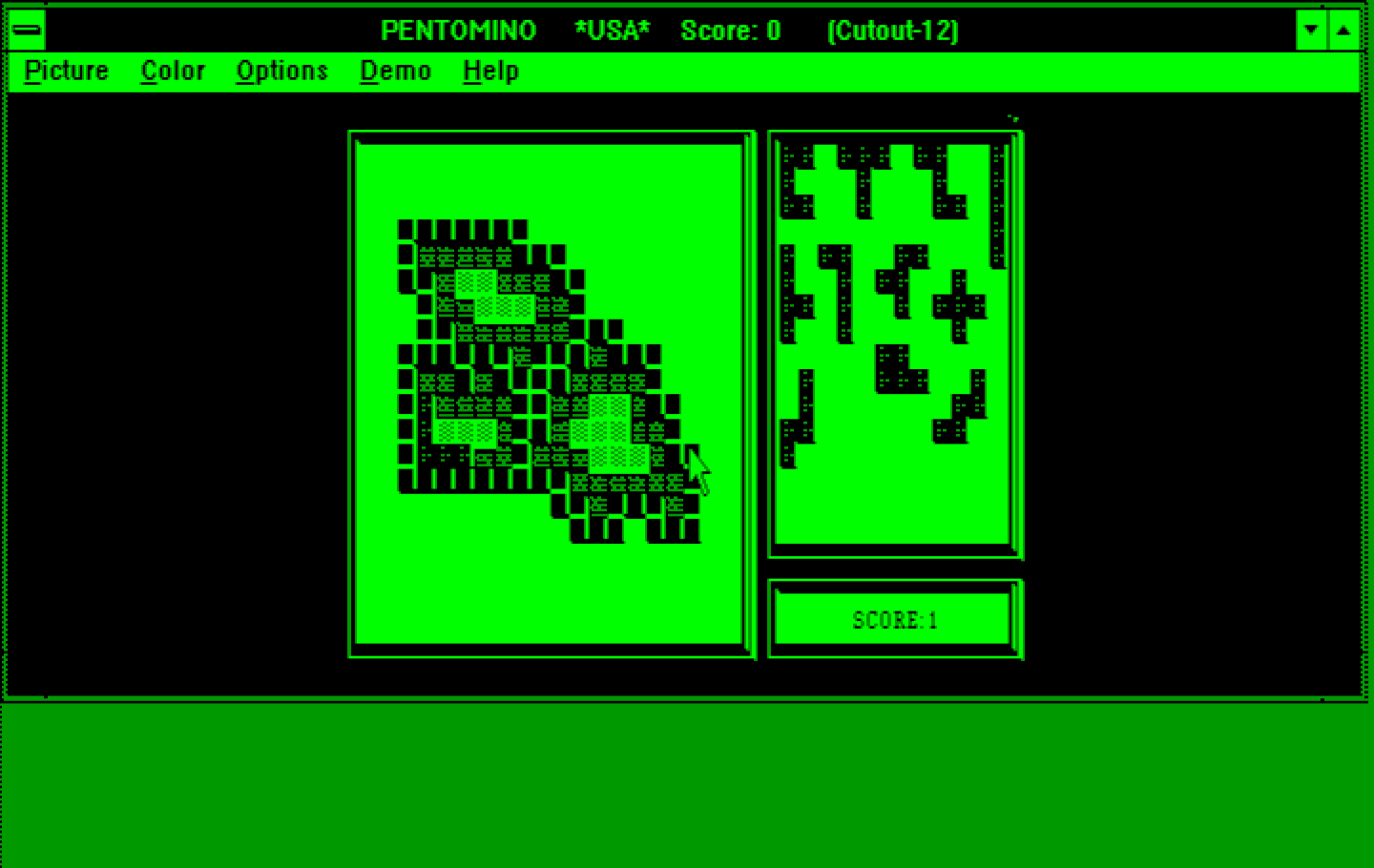 Pentomino Windows 3.x Screenshot: Numerous puzzles are included with different layouts and difficulties.