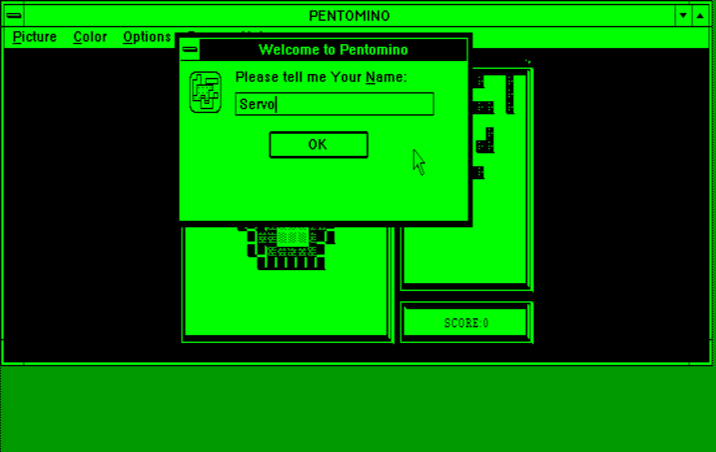 Pentomino Windows 3.x Screenshot: First, please tell me your name.