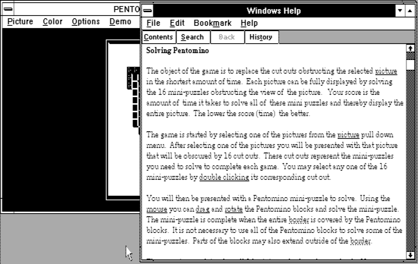 Pentomino Windows 3.x Screenshot: Game instructions.
