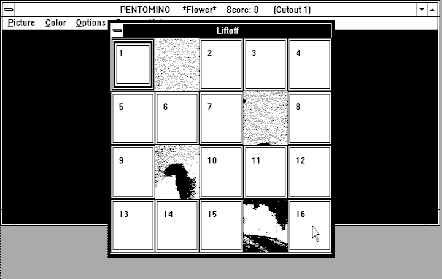 Pentomino Windows 3.x Screenshot: Select a puzzle to reveal part of the picture.