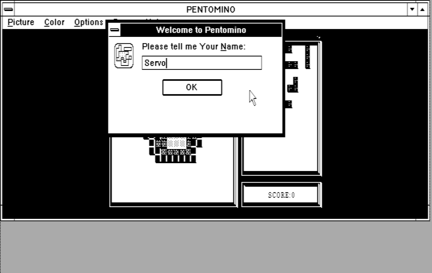 Pentomino Windows 3.x Screenshot: First, please tell me your name.