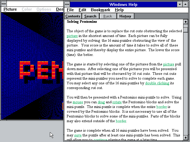 Pentomino Windows 3.x Screenshot: Instructions are included within the game.