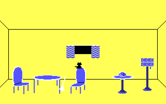 Alley Cat IBM PC/Compatibles Screenshot: Inside a house; a broom chases the cat!
