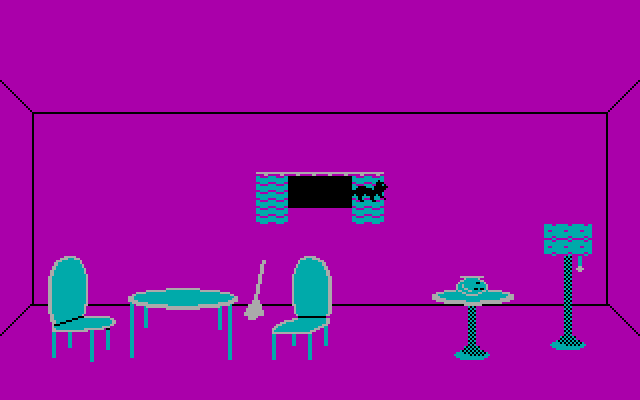 Alley Cat IBM PC/Compatibles Screenshot: Another house; this time with a fish bowl.