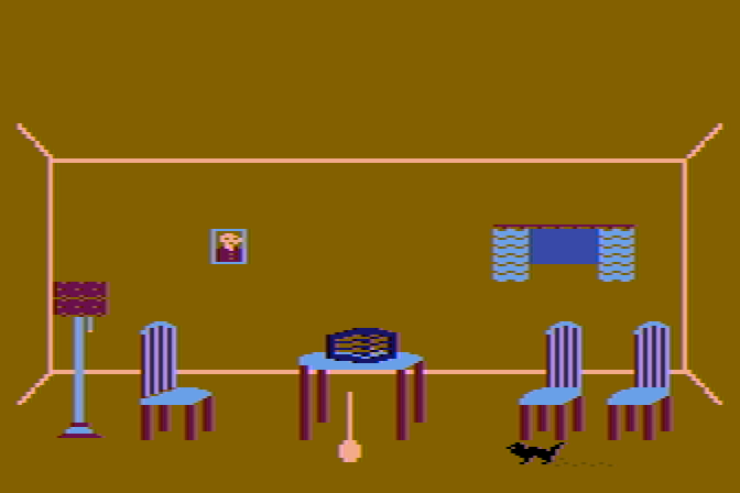 Alley Cat Atari 8-bit Screenshot: Jumped into a window, and there's a bird cage!