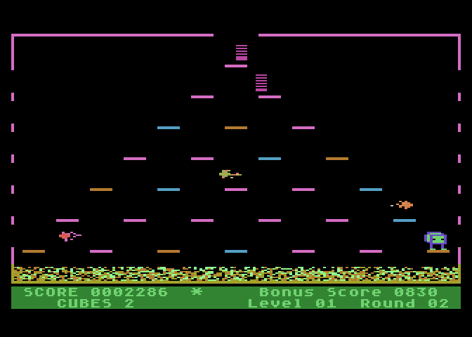 Mr. Cool Atari 8-bit Screenshot: Change all of the platforms to pink; but don't get caught!