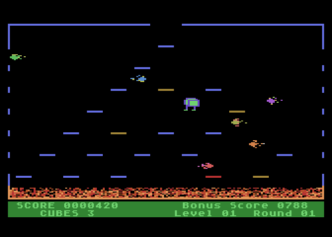 Mr. Cool Atari 8-bit Screenshot: Avoid the incoming fireballs!