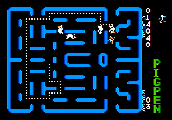 Pig Pen Apple II Screenshot: Running away on round 3.