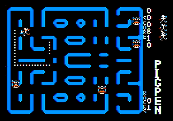 Pig Pen Apple II Screenshot: Leaving dots on the board.