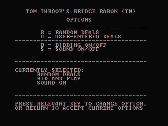 Tom Throop's Bridge Baron IBM PC/Compatibles Screenshot: Setting up game options.