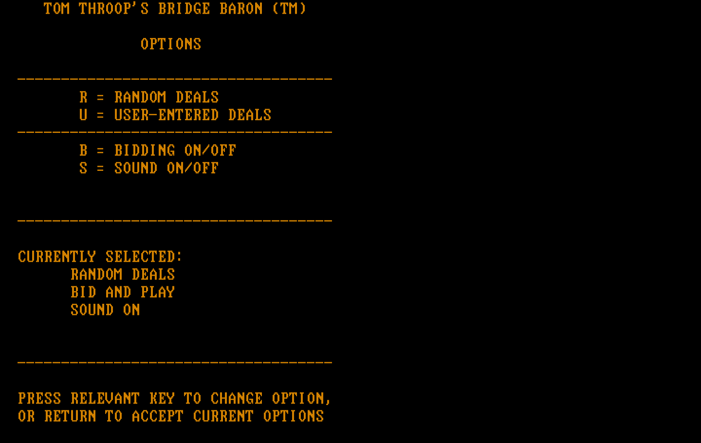 Tom Throop's Bridge Baron IBM PC/Compatibles Screenshot: Setting up game options.