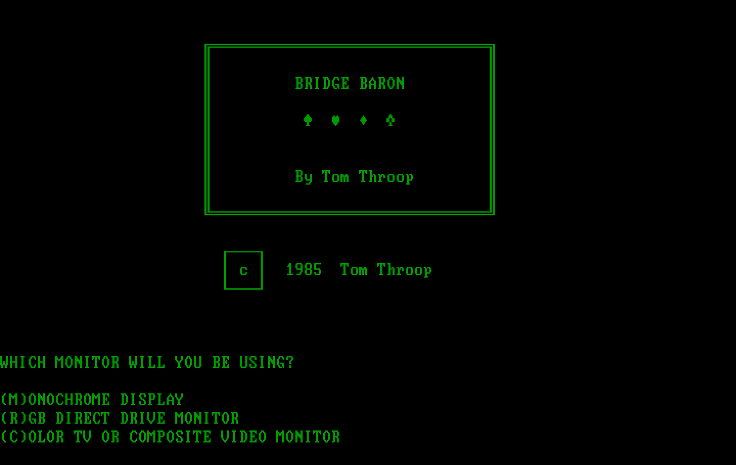 Tom Throop's Bridge Baron IBM PC/Compatibles Screenshot: Title screen.