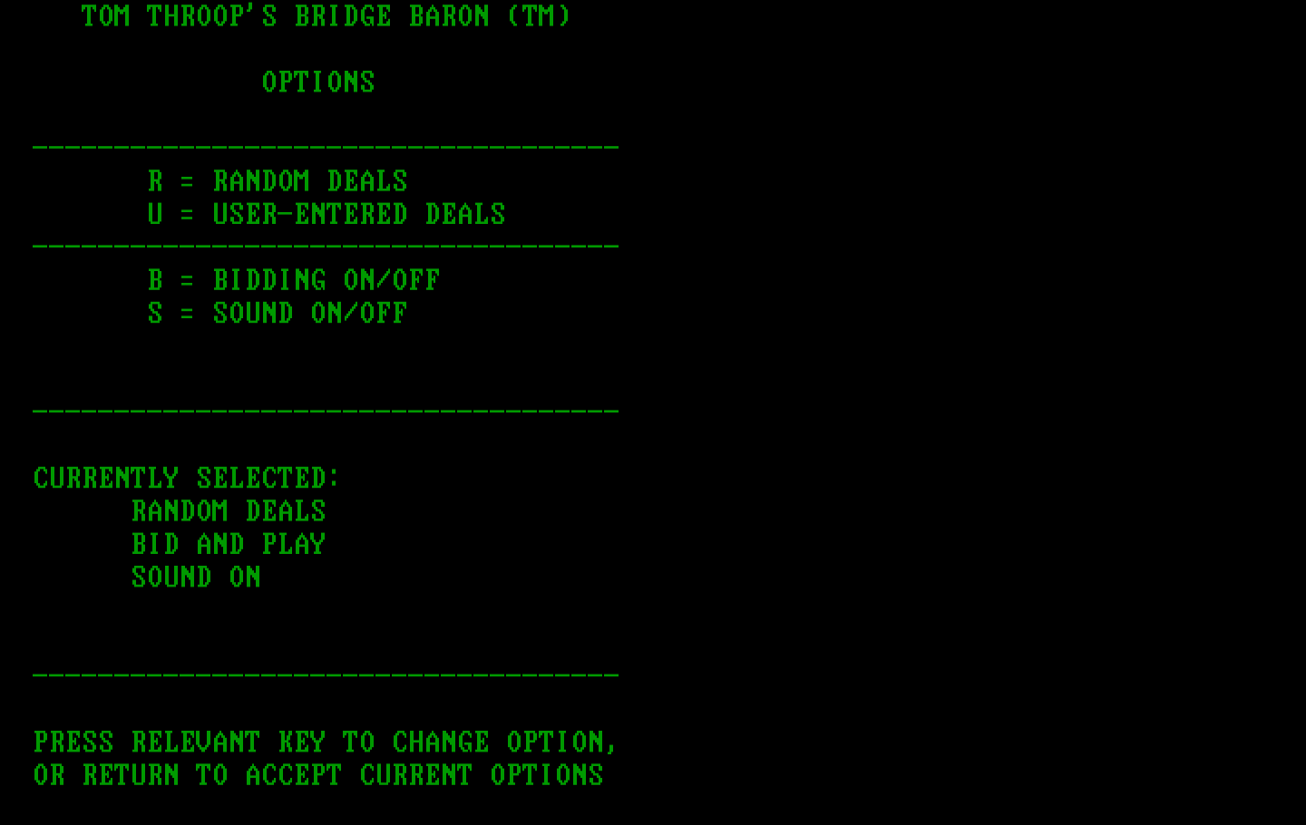 Tom Throop's Bridge Baron IBM PC/Compatibles Screenshot: Setting up game options.