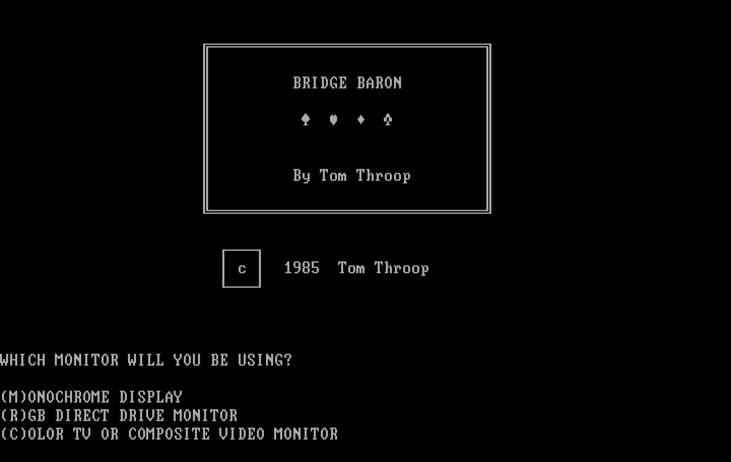 Tom Throop's Bridge Baron IBM PC/Compatibles Screenshot: Title screen.