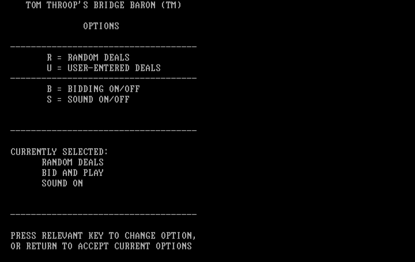 Tom Throop's Bridge Baron IBM PC/Compatibles Screenshot: Setting up game options.