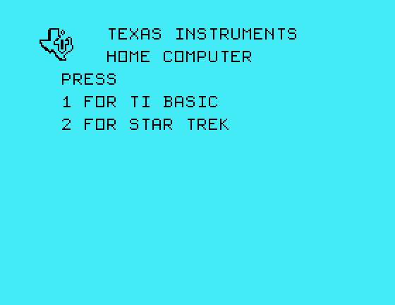 Star Trek: Strategic Operations Simulator TI-99/4A Screenshot: TI-99/4A main menu.