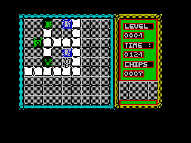 Chip's Challenge ZX Spectrum Screenshot: Press the green button to move green doors.