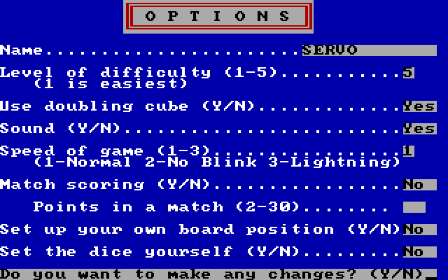 Backgammon IBM PC/Compatibles Screenshot: The game options menu.