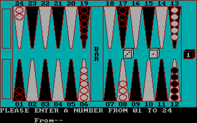 Backgammon IBM PC/Compatibles Screenshot: Select a piece to move.