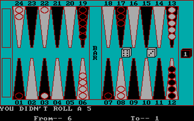 Backgammon IBM PC/Compatibles Screenshot: Oops, that's an illegal move.