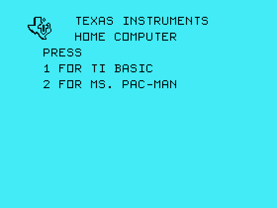 Ms. Pac-Man TI-99/4A Screenshot: TI-99/4A main menu.