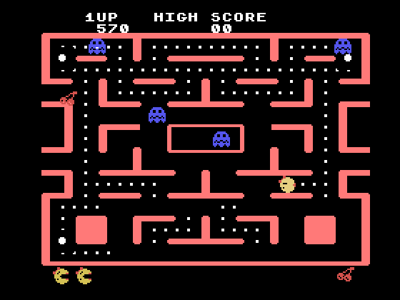 Ms. Pac-Man TI-99/4A Screenshot: You can eat the ghosts when they are blue.