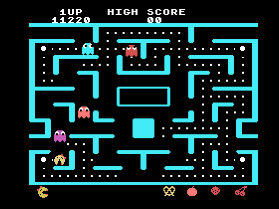 Ms. Pac-Man TI-99/4A Screenshot: Eat the power in each corner of the maze for temporary safety from ghosts.