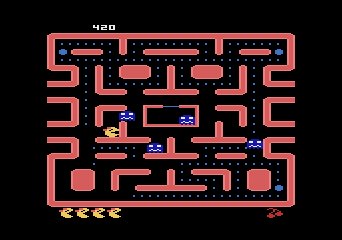 Ms. Pac-Man Atari 5200 Screenshot: You can eat the ghosts when they are blue.