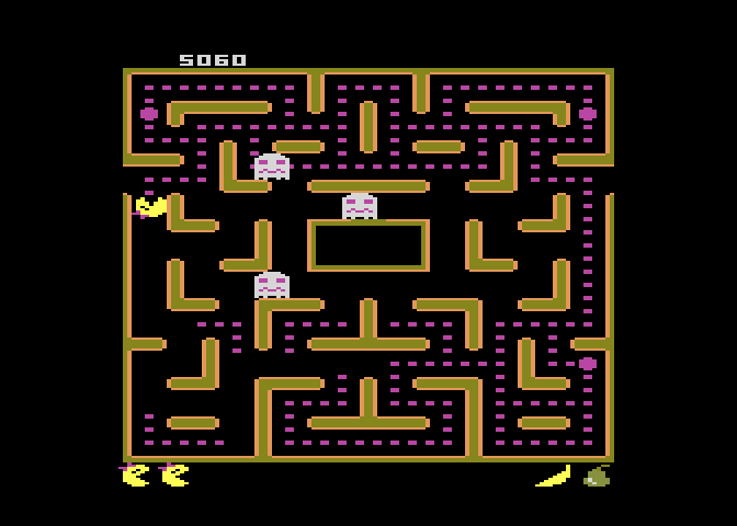 Ms. Pac-Man Atari 7800 Screenshot: When the ghosts start flashing white they are about to change back to normal.