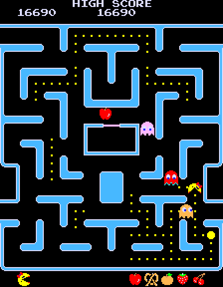 Ms. Pac-Man Arcade Screenshot: Only a few dots left!