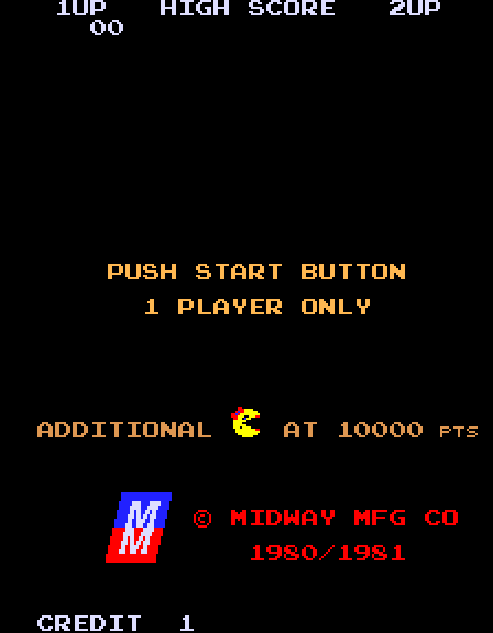 Ms. Pac-Man Arcade Screenshot: Press start button to begin!