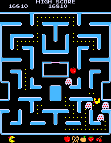 Ms. Pac-Man Arcade Screenshot: When the ghosts flash white it means they're about to change back to normal...