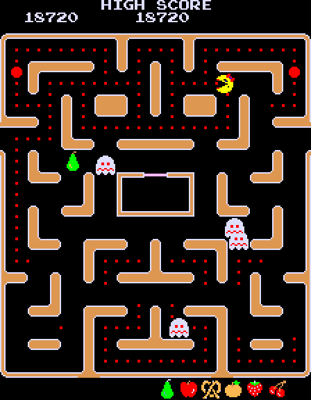 Ms. Pac-Man Arcade Screenshot: The ghosts change back increasingly quicker on later levels.