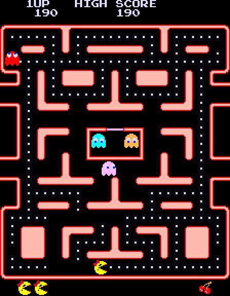 Ms. Pac-Man Arcade Screenshot: Game start; munching on dots...