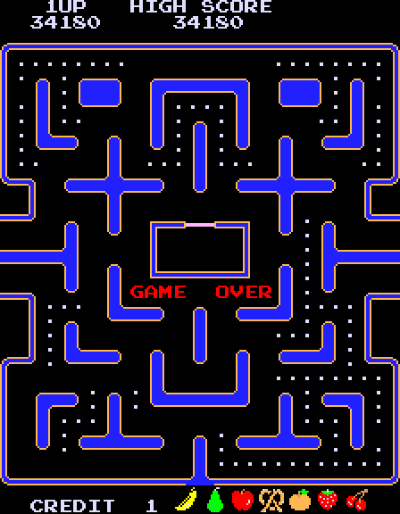Ms. Pac-Man Arcade Screenshot: Game over.