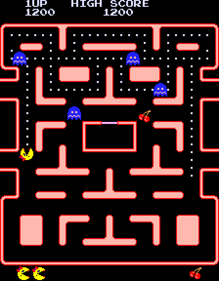 Ms. Pac-Man Arcade Screenshot: When ghosts are blue you can eat them for bonus points.