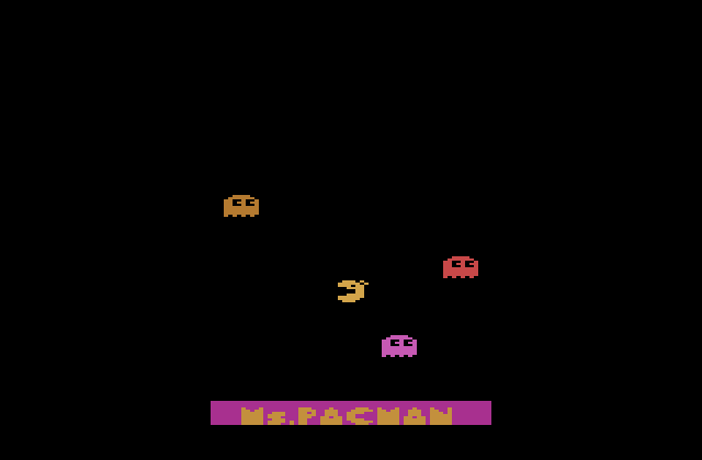 Ms. Pac-Man Atari 2600 Screenshot: Title screen and game demo mode.