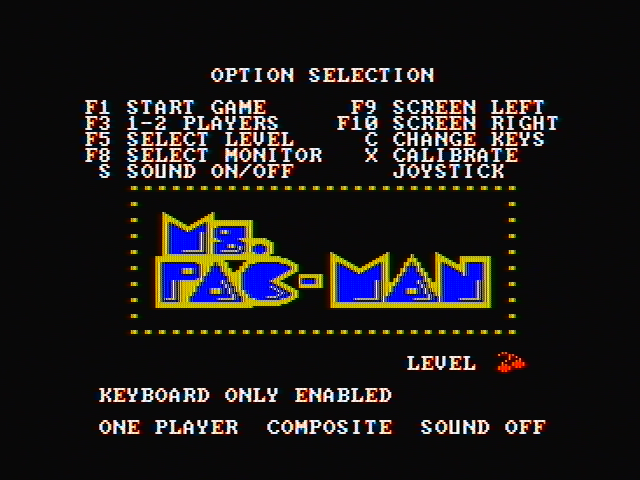 Ms. Pac-Man IBM PC/Compatibles Screenshot: Game options.