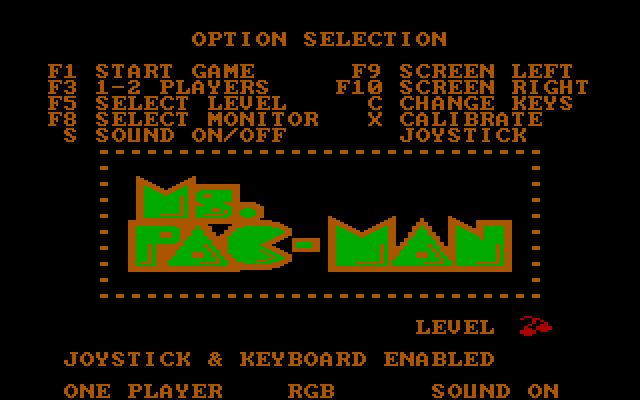 Ms. Pac-Man IBM PC/Compatibles Screenshot: Game options.