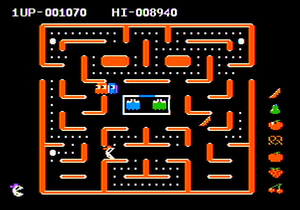 Ms. Pac-Man Apple II Screenshot: Part way completed...grab the banana for points!