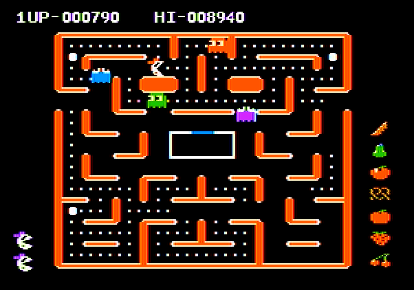 Ms. Pac-Man Apple II Screenshot: Ghosts get faster as the game progresses.