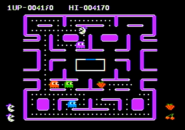 Ms. Pac-Man Apple II Screenshot: Collect the bouncing fruit for bonus points.