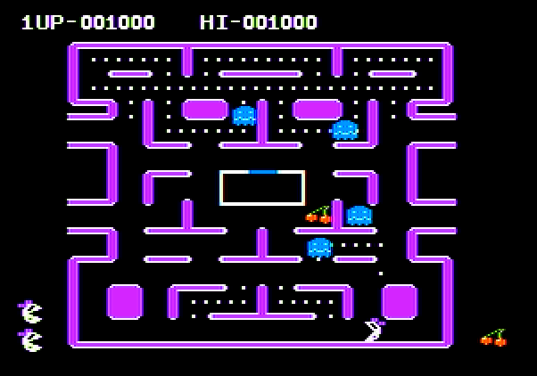 Ms. Pac-Man Apple II Screenshot: You can chase the ghosts when they are blue.
