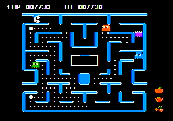 Ms. Pac-Man Apple II Screenshot: Use the tunnel to escape from ghosts.