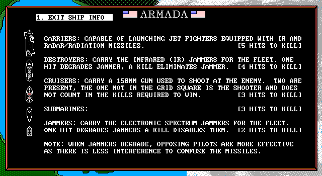 Armada IBM PC/Compatibles Screenshot: Ship info screen.